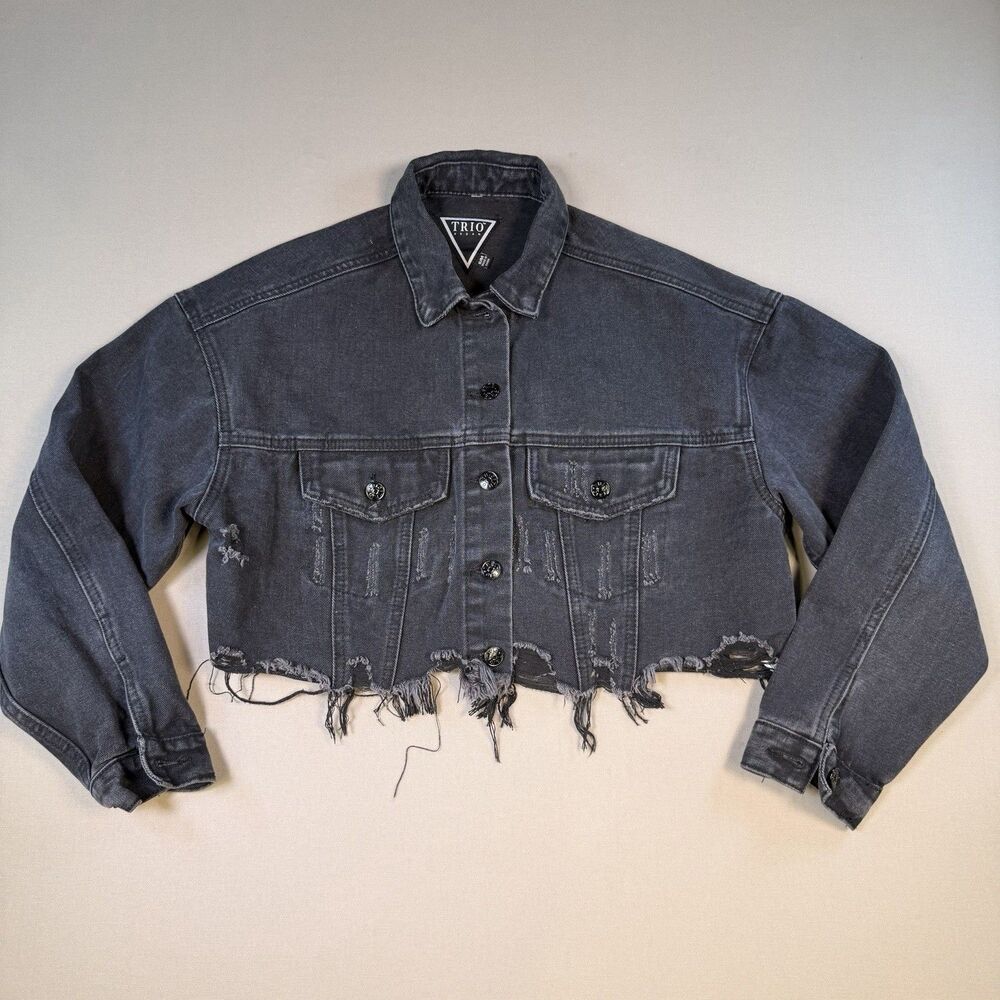 Trio Women's Cropped Jean Jacket CAL Palm Grunge Distressed S/M Black Denim